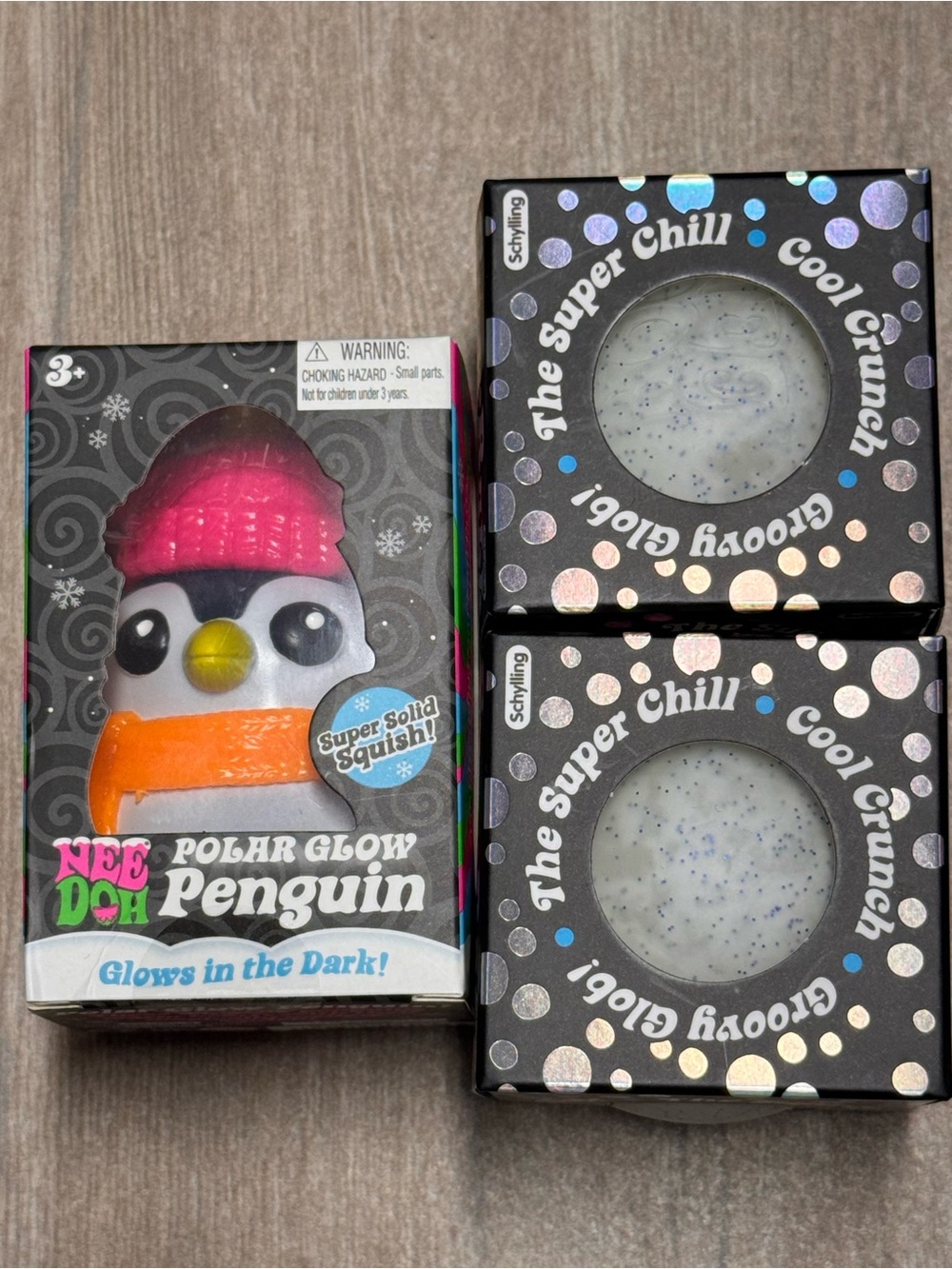 Pink NeeDoh Polar Glow Penguin & 2 Snow Ball Crunch 🐧 ❄️ ❄️